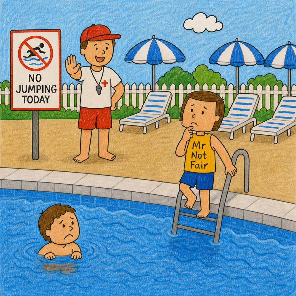 A swimming pool rule scene from Mr. Not-Fair
